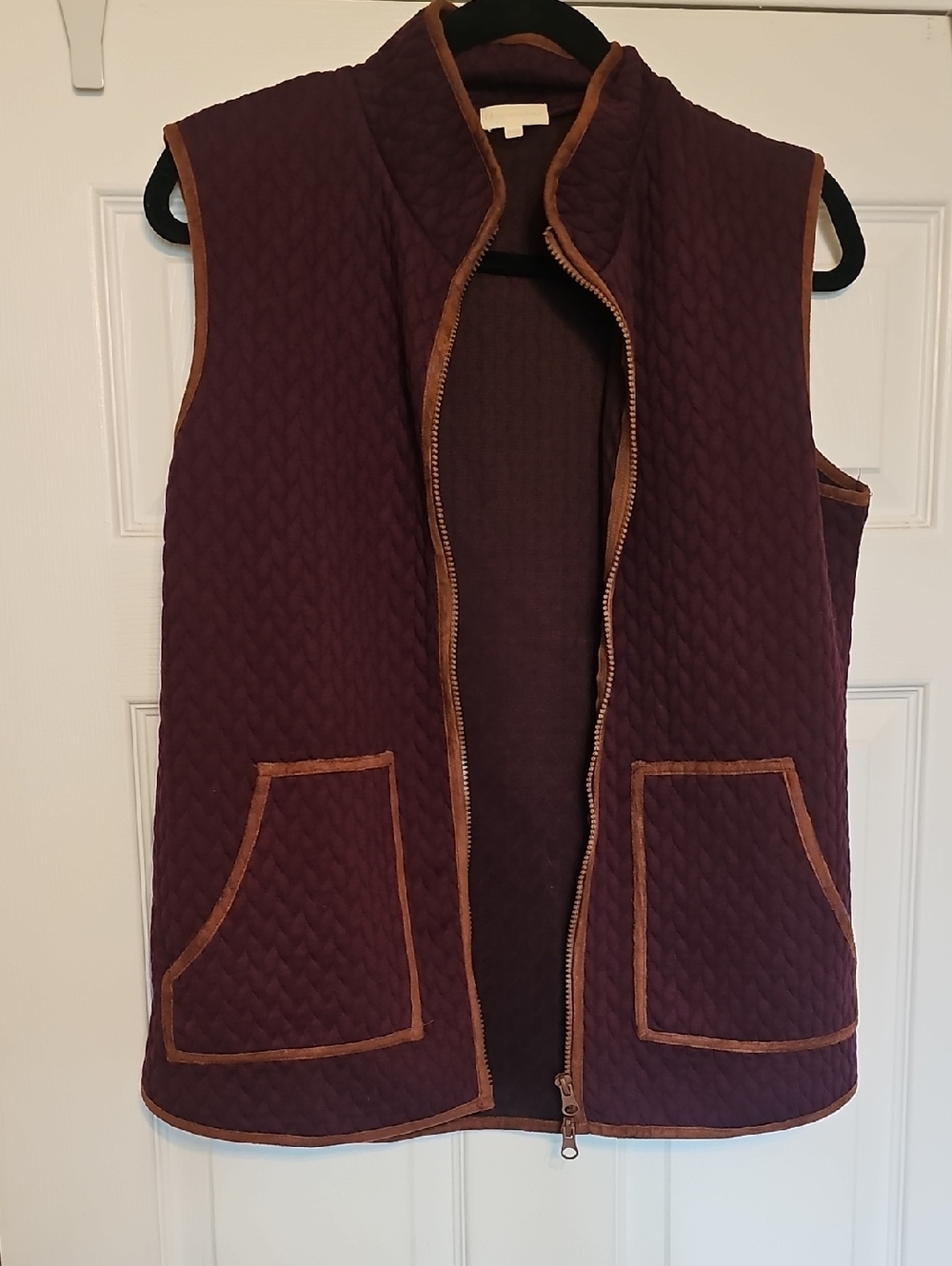 Quilted Sleeveless Zip Vest in Deep Plum with Brown Trim